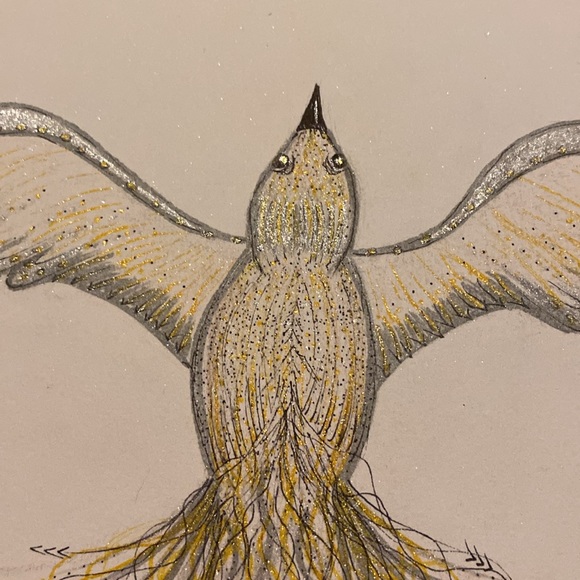 Unframed Original Drawing Illustration art Phoenix Risen w Metallic Highlights - Picture 3 of 5